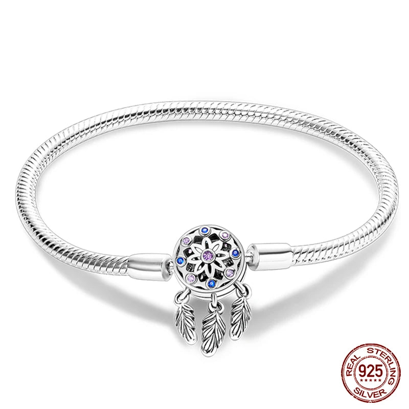 Bracelet Silver 925 Original 17-20CM Star Moon Sun Four Leaf Clover Green Zircon Bracelets