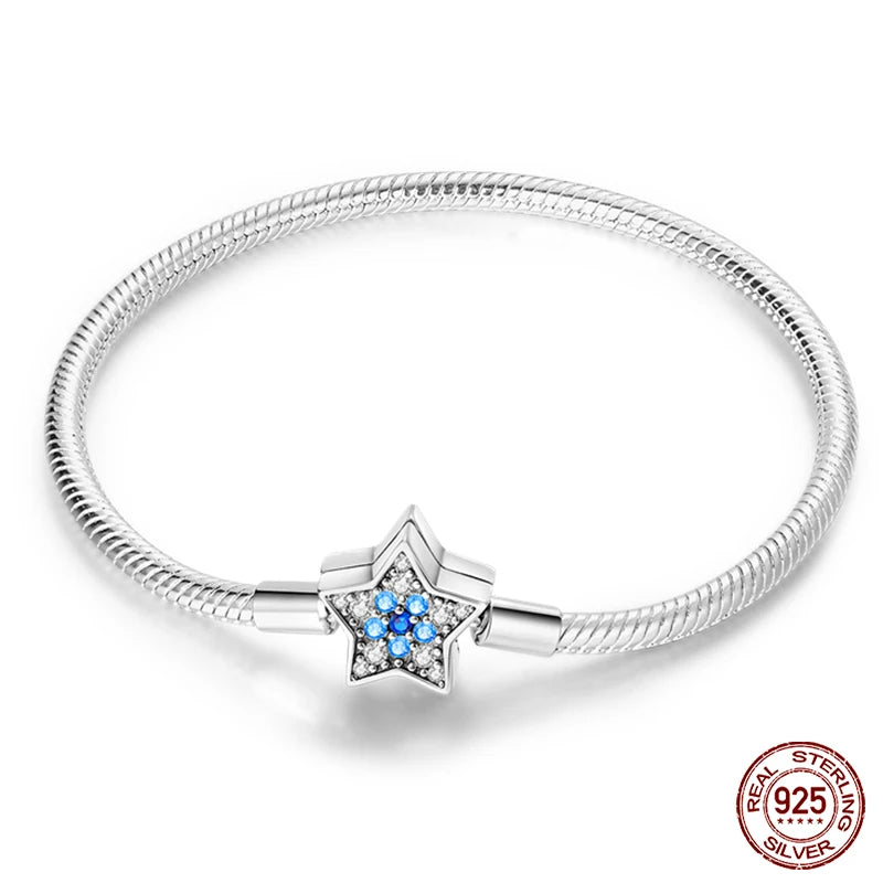 Bracelet Silver 925 Original 17-20CM Star Moon Sun Four Leaf Clover Green Zircon Bracelets