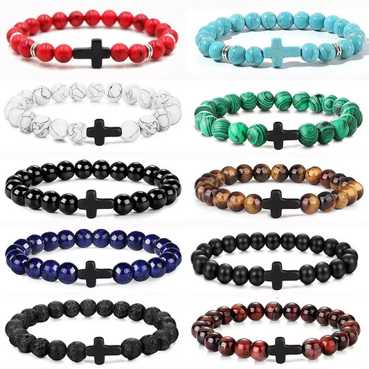 Prayer Men Natural Stone Wood Beads Rosary Hematite Cross Bracelets Onyx Meditation