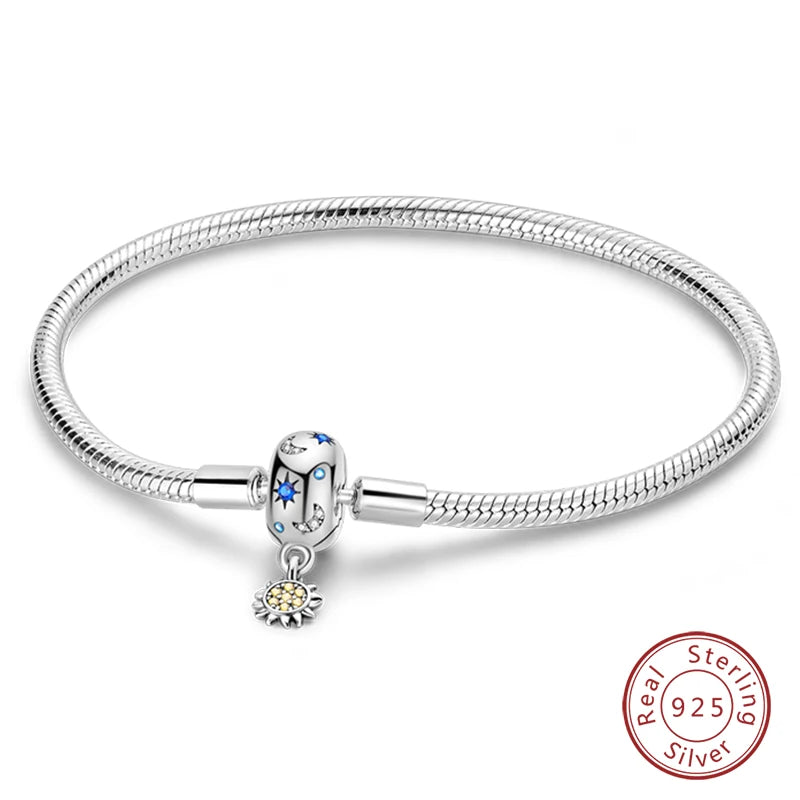Bracelet Silver 925 Original 17-20CM Star Moon Sun Four Leaf Clover Green Zircon Bracelets