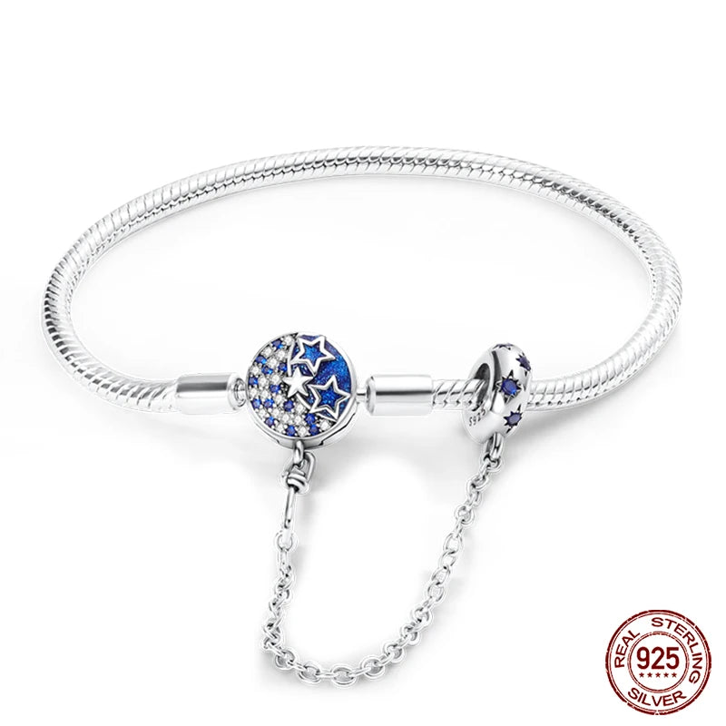 Bracelet Silver 925 Original 17-20CM Star Moon Sun Four Leaf Clover Green Zircon Bracelets