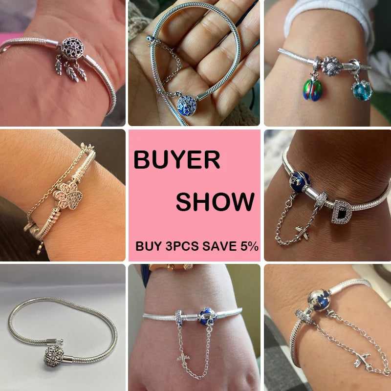 Bracelet Silver 925 Original 17-20CM Star Moon Sun Four Leaf Clover Green Zircon Bracelets