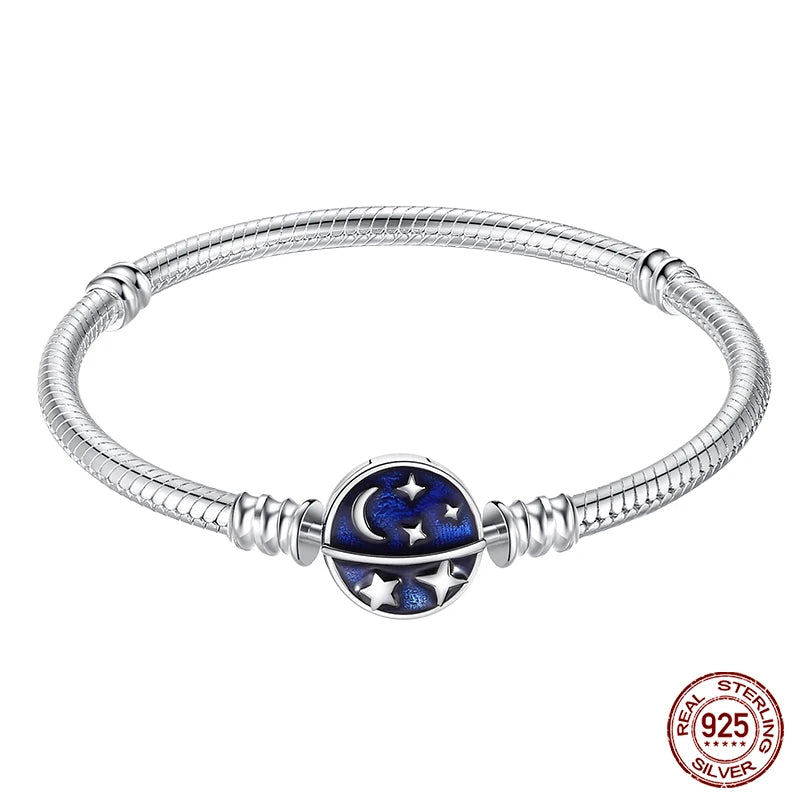 Bracelet Silver 925 Original 17-20CM Star Moon Sun Four Leaf Clover Green Zircon Bracelets