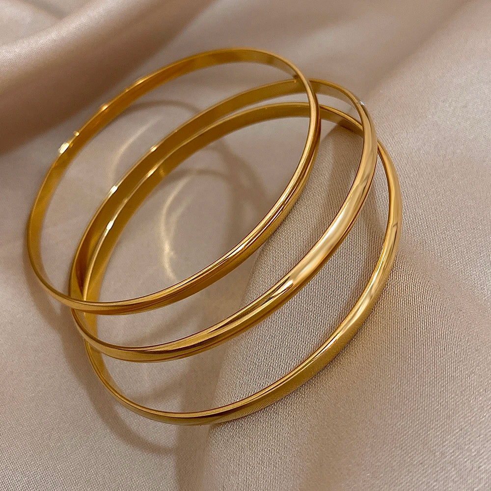 3pcs Glossy 18K Gold Plated Stainless Steel Bangle Bracelet for Women
