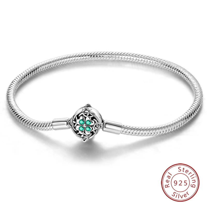 Bracelet Silver 925 Original 17-20CM Star Moon Sun Four Leaf Clover Green Zircon Bracelets