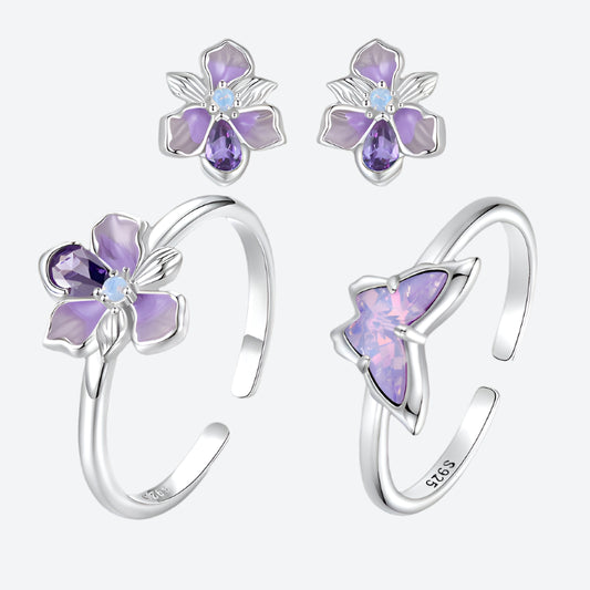 Sterling Silver Original Iris Flower Open Ring Butterfly Earrings Purple