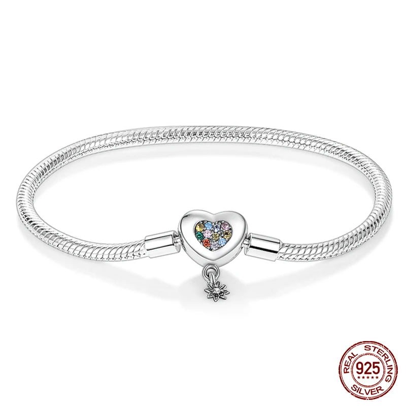Bracelet Silver 925 Original 17-20CM Star Moon Sun Four Leaf Clover Green Zircon Bracelets