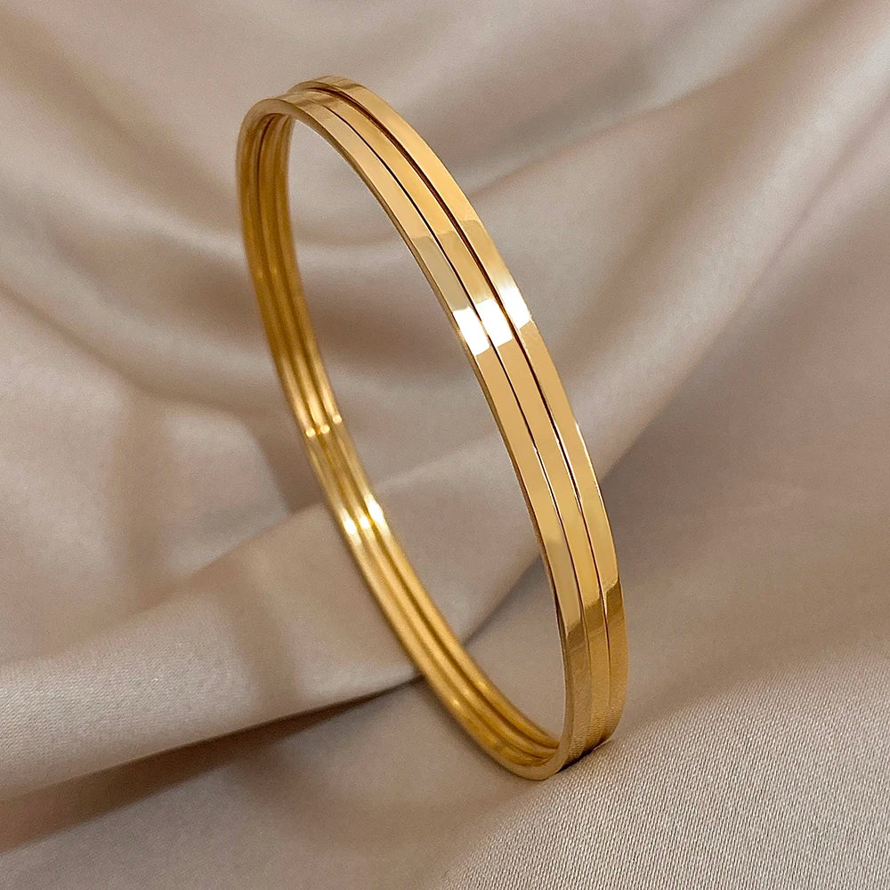 3pcs Glossy 18K Gold Plated Stainless Steel Bangle Bracelet for Women