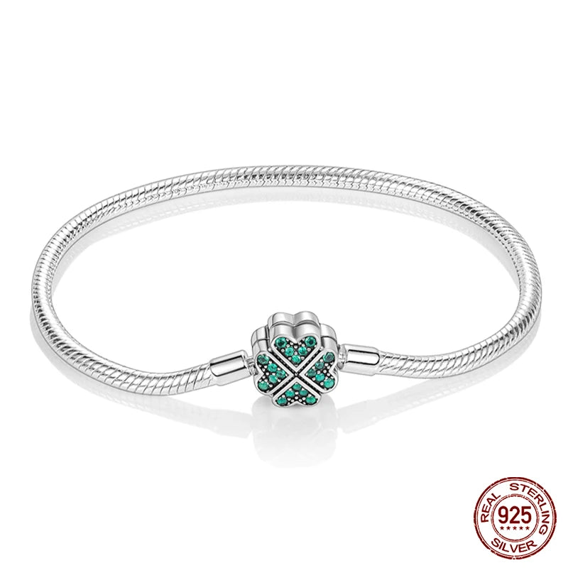 Bracelet Silver 925 Original 17-20CM Star Moon Sun Four Leaf Clover Green Zircon Bracelets