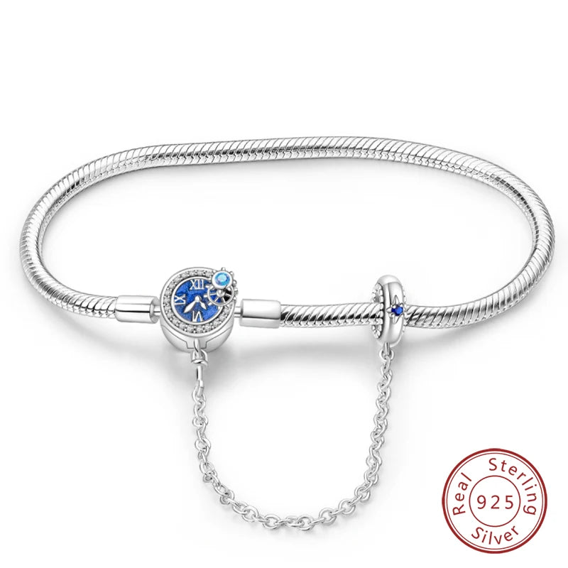 Bracelet Silver 925 Original 17-20CM Star Moon Sun Four Leaf Clover Green Zircon Bracelets