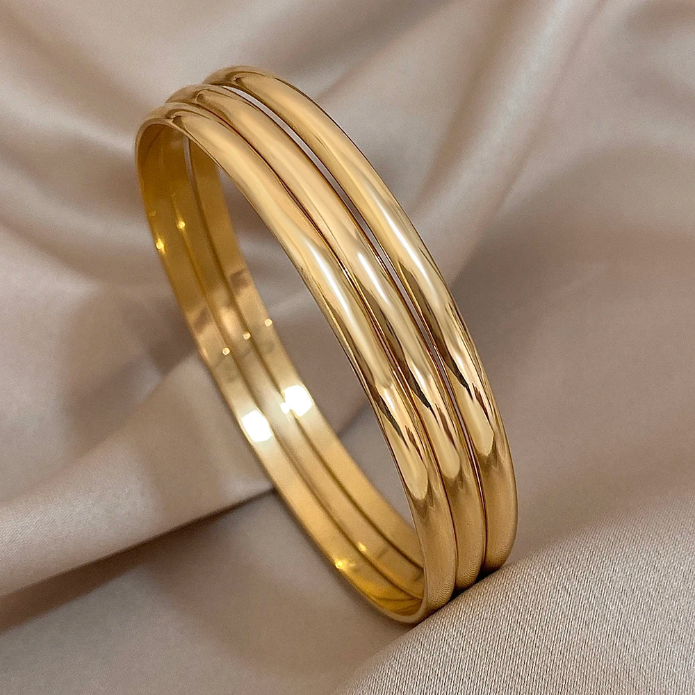 3pcs Glossy 18K Gold Plated Stainless Steel Bangle Bracelet for Women