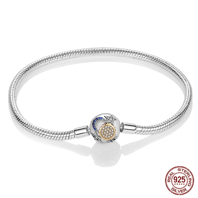 Bracelet Silver 925 Original 17-20CM Star Moon Sun Four Leaf Clover Green Zircon Bracelets