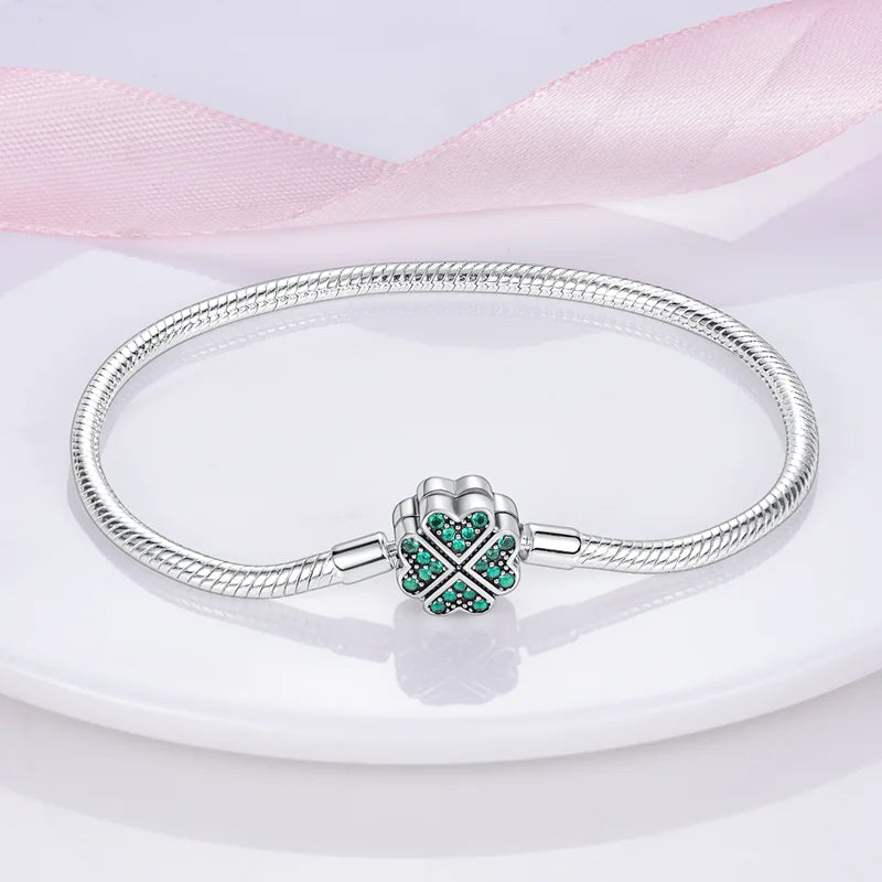 Bracelet Silver 925 Original 17-20CM Star Moon Sun Four Leaf Clover Green Zircon Bracelets