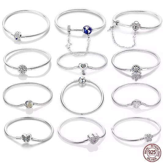Bracelet Silver 925 Original 17-20CM Star Moon Sun Four Leaf Clover Green Zircon Bracelets