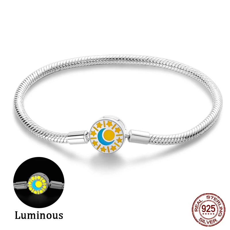 Bracelet Silver 925 Original 17-20CM Star Moon Sun Four Leaf Clover Green Zircon Bracelets
